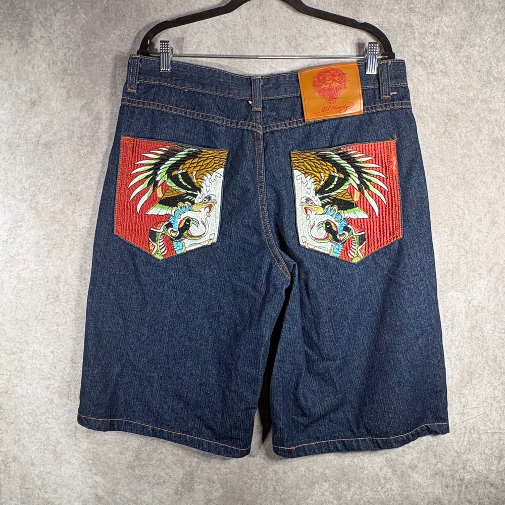 Vintage Ed Hardy Denim Shorts Men 36 Blue Eagle Snake Embroidered Baggy Jort Y2K